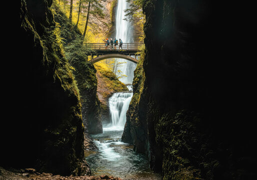 Majestic waterfall and bridge in serene forest landscape
