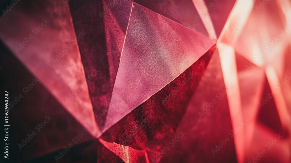 Poster abstract close-up of red and pink textured surfaces with geometric patterns reflecting light