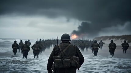 Soldier walking towards the ocean, dramatic sky, war scene in the background.