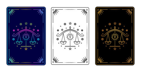 Set of three tarot cards with  Libra zodiac sign in gradient, black and white, and gold on black variations.