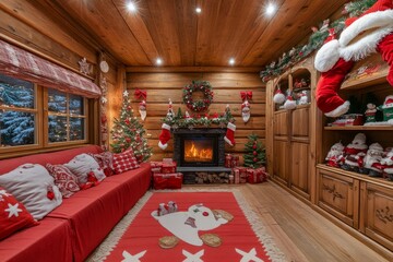 Fireplace, Christmas tree and ornaments in the room of the wooden house