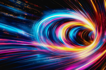 Fototapeta premium Experience a mesmerizing blend of vibrant colors in this digital abstract art showcasing a futuristic neon swirl. Ideal for modern design themes.