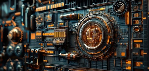Fototapeta premium 3D visualization of complex machinery and a control system panel.