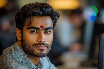 Fototapeta premium Confident young man with bindi in modern office setting