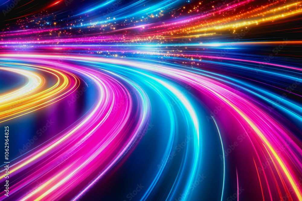 Poster experience a mesmerizing display of vibrant neon lights and dynamic curves, creating a stunning digi