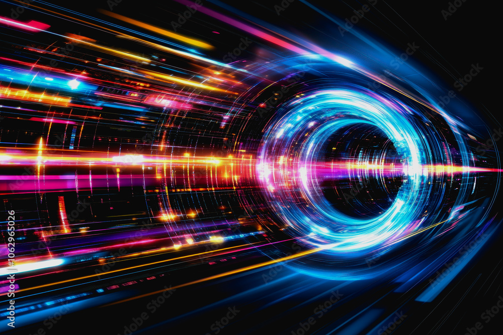 Aufkleber explore a futuristic neon digital interface with vibrant light trails and dazzling colors, creating 