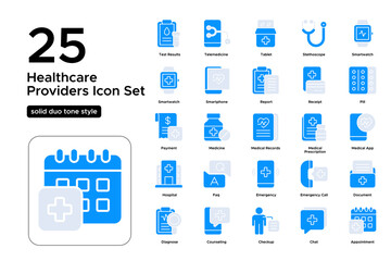 Healthcare Providers Solid Duo Tone Icon Set: Medical Professionals, Doctor Consultations, and Treatment Icons

