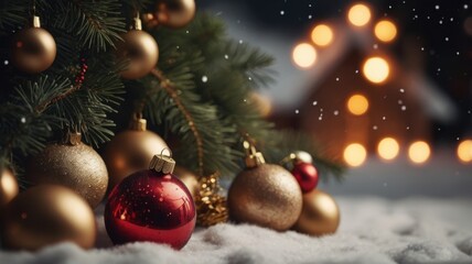 Obraz premium Christmas decorations arranged on a snowy background creating a festive scene