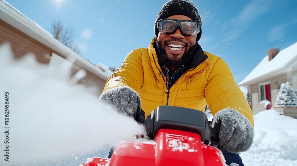 Poster man in a yellow jacket is riding a snow blower. he is smiling and he is enjoying himself
