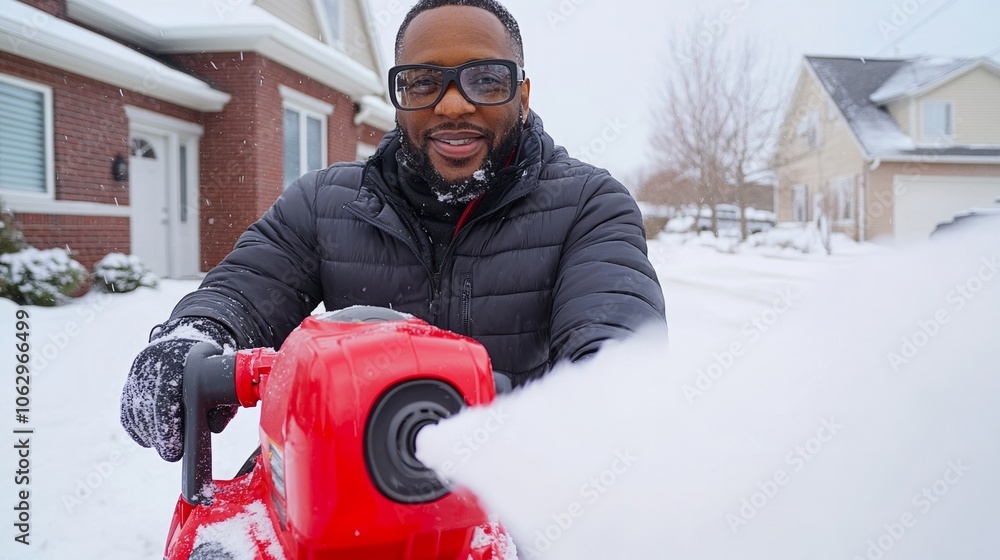 Poster Man in a black jacket is standing in the snow with a red snow blower. He is smiling and he is enjoying himself