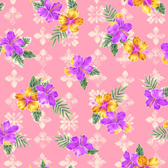 Hand drawn tropical beautiful flowers seamless pattern,,