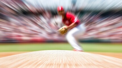 A blurred action shot of a baseball player in motion, capturing the excitement of the game with fans in the background.