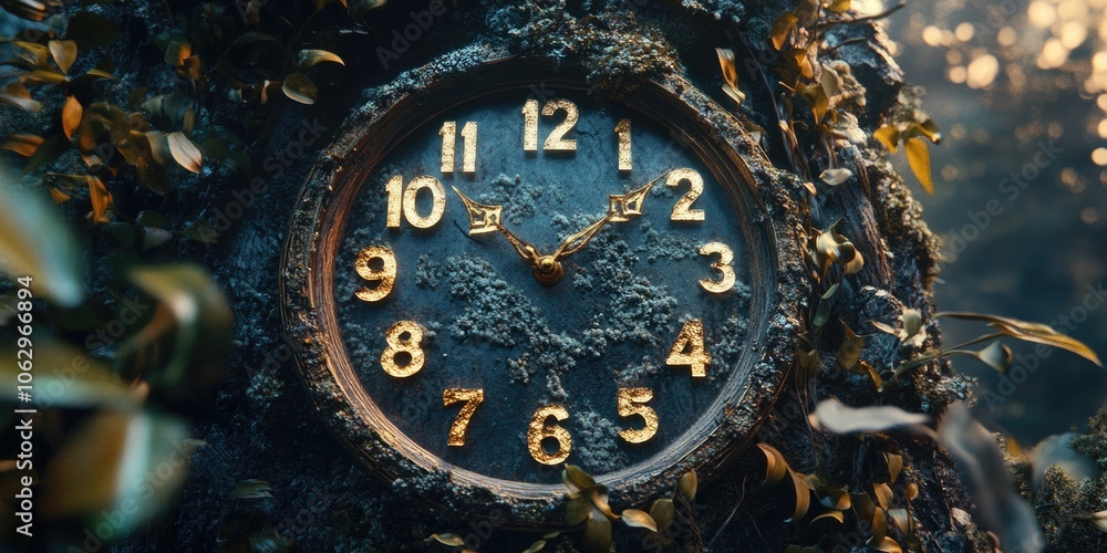 Poster clock with the hands on the number 10 and 2. the clock is surrounded by leaves and branches