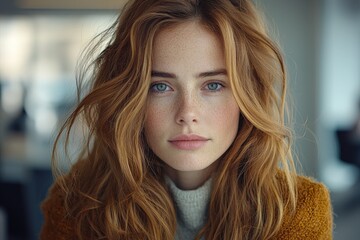 Naklejka premium Portrait of a young woman with red hair and freckles in natural light