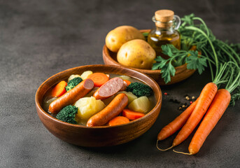 Hearty vegetable soup with sausages and fresh ingredients for cozy meals