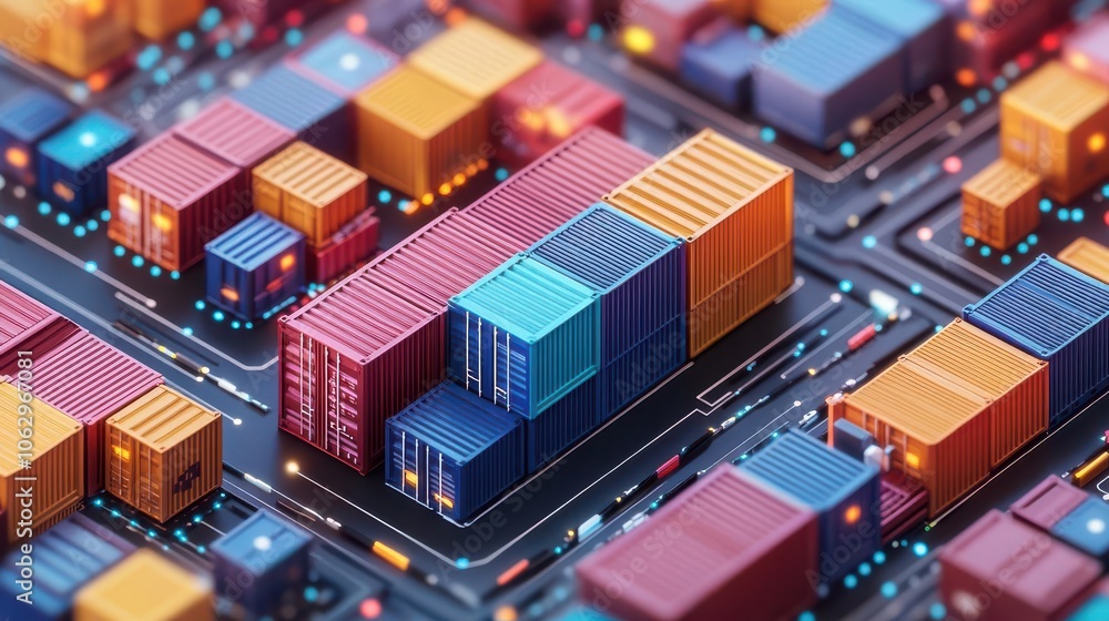 Poster a vibrant digital representation of shipping containers stacked on a networked grid, symbolizing log