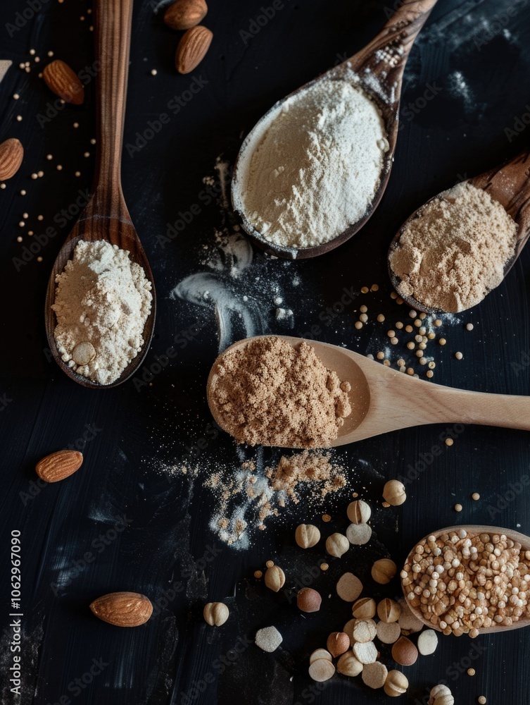Poster close up of four spoons with different types of flour on a black background. the spoons are arranged
