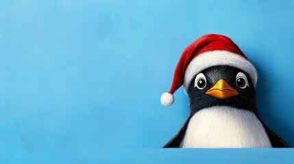 Fototapeta premium Penguin wearing a red hat and a red santa hat is standing in front of a blue background