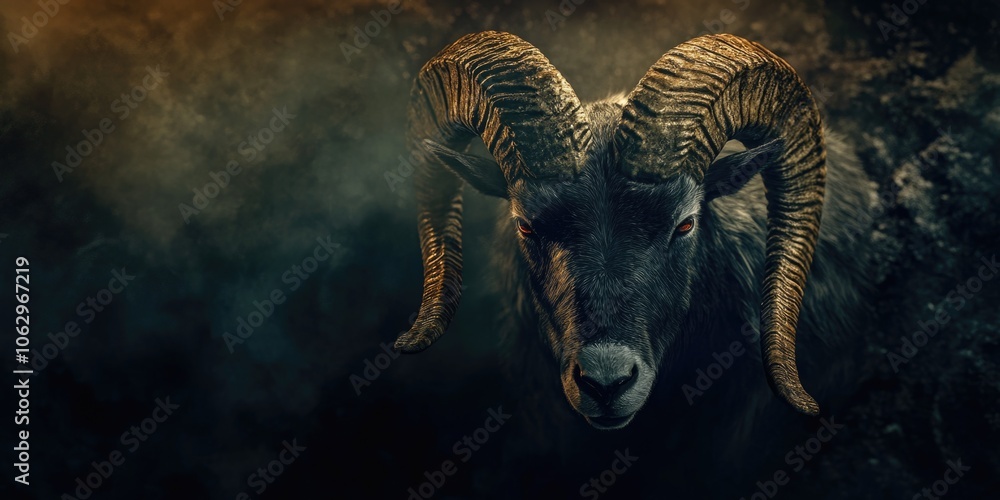 Poster ram with horns is shown in a dark background. the ram has a menacing look on its face, and its horns