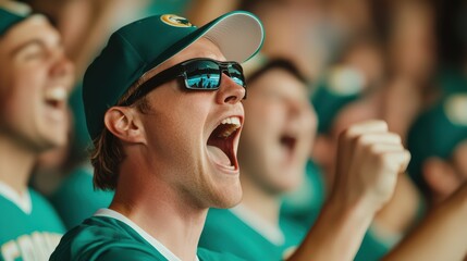 A passionate fan cheers loudly at a sports event, wearing sunglasses and a cap, surrounded by fellow supporters in a vibrant atmosphere.