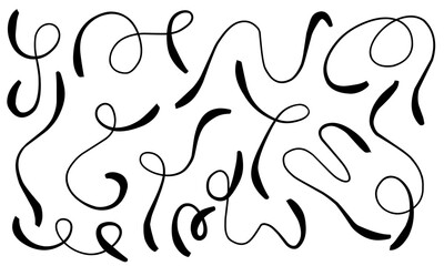 Abstract black curvy line set for decoration. Vector illustration. Children doodle line hand drawing.