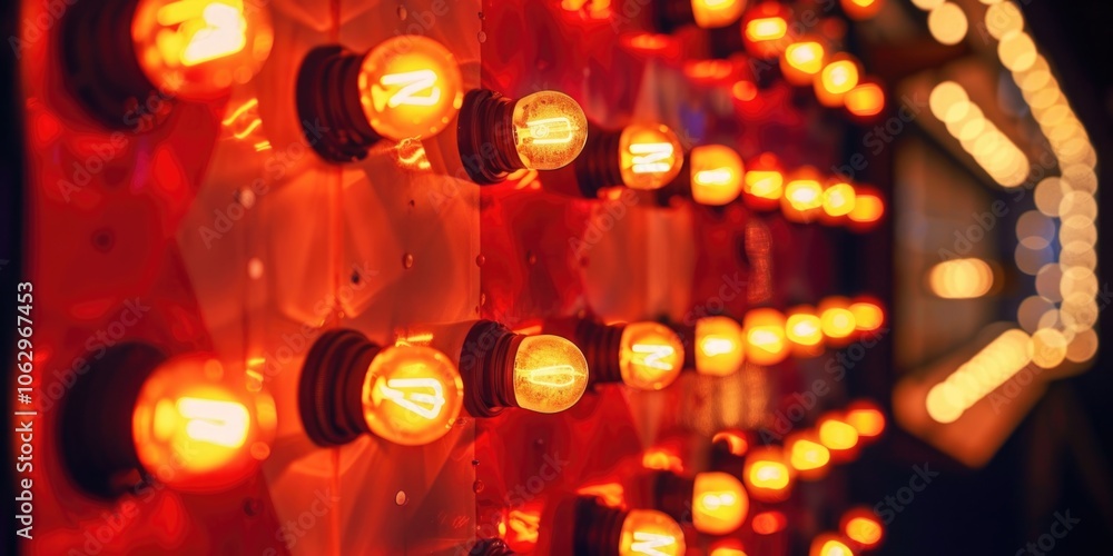 Poster row of glowing lights with a red background. the lights are lit up and the background is red, creati