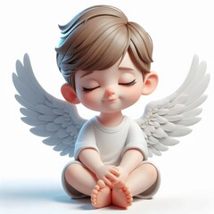 3D cartoon angel boy with closed eyes. Isolated on a white. 