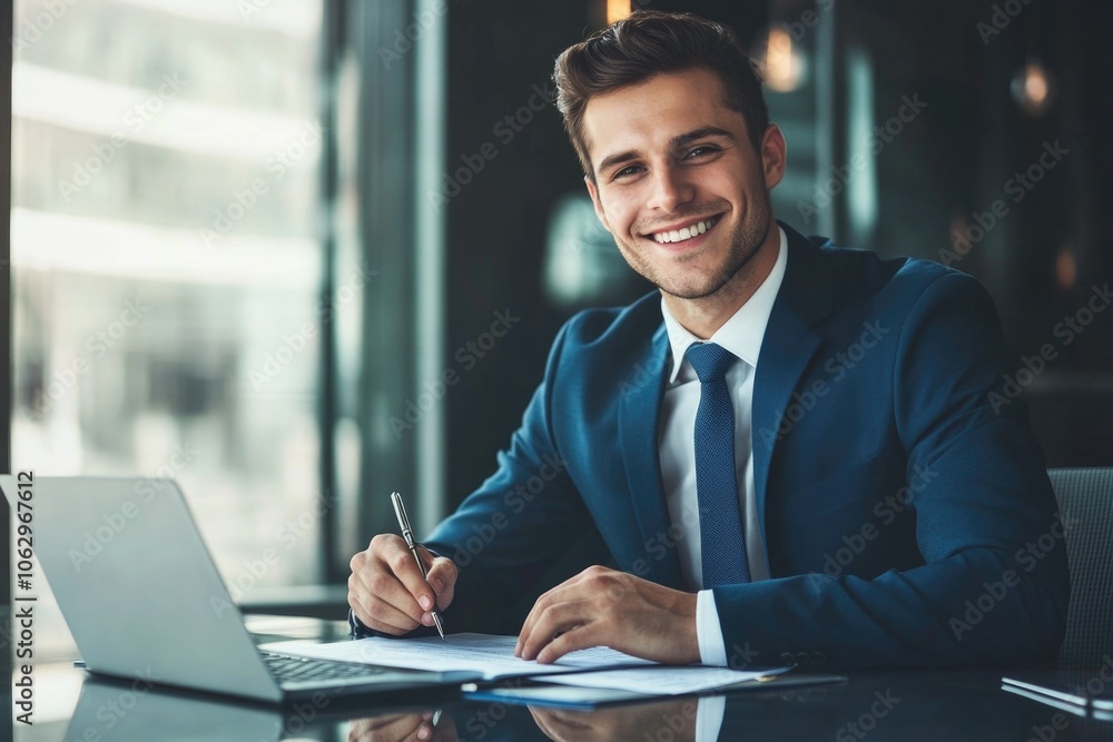 Aufkleber man in a suit is smiling and writing on a piece of paper. he is in a professional setting, possibly 