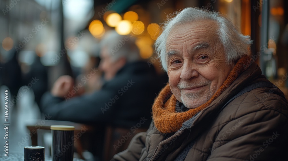 Poster man with a beard and white hair is smiling at the camera. he is wearing a brown jacket and a scarf. 
