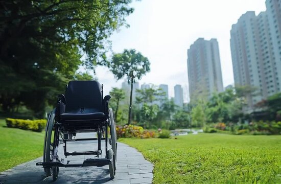 Wheelchair, in an outdoor park and receiving mobility support around the city or park in a wheelchair