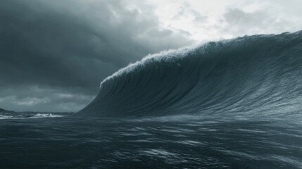 A cinematic still of the edge of an enormous wave with dark clouds in the background