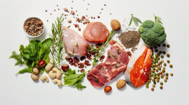 Variety of meats and vegetables are displayed on a white background. Concept of abundance and variety, as well as the importance of a balanced diet