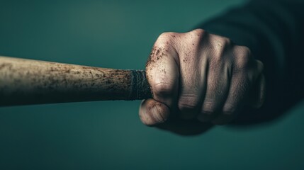 A close-up of a clenched hand gripping a worn baseball bat against a muted background, conveying strength and intensity.