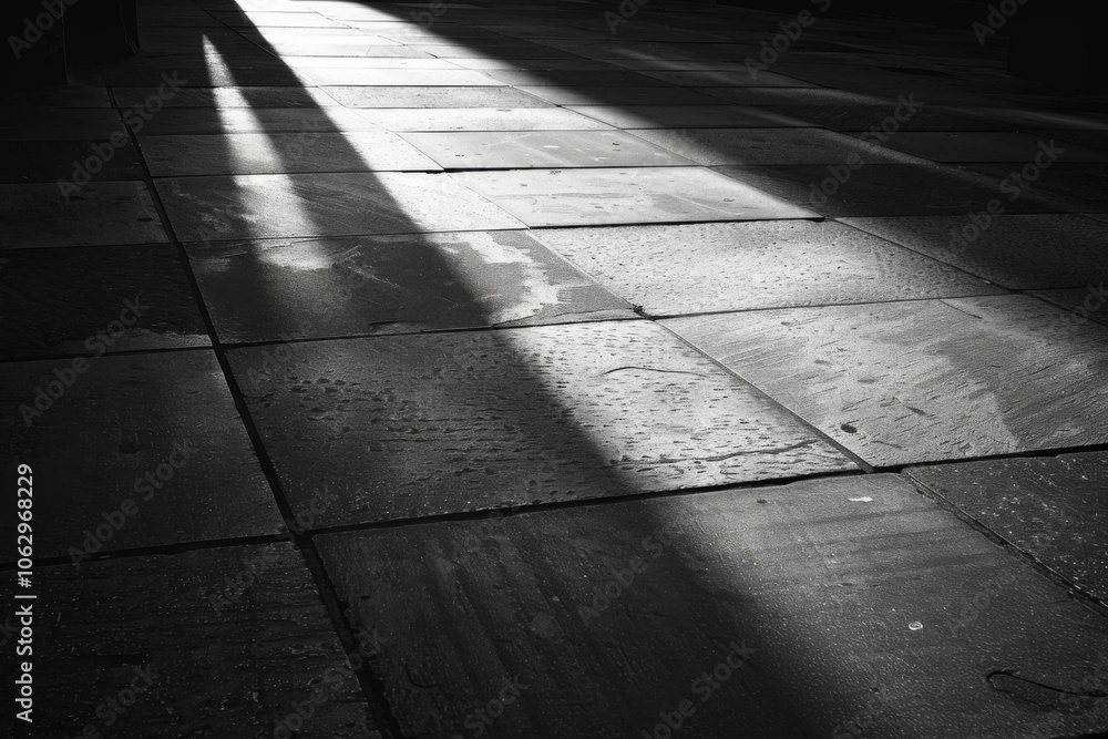 Poster abstract black and white photograph of patterned floor tiles illuminated by dramatic shadows, creati