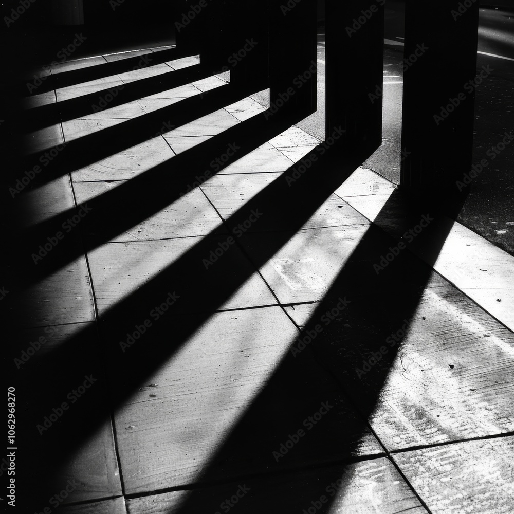 Poster abstract black and white shadows: geometric patterns on pavement with sunlit columns creating dramat