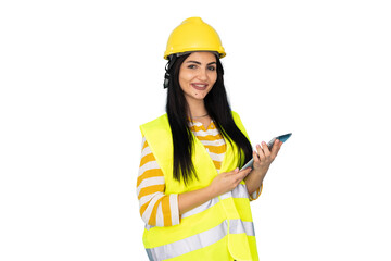 Ambitious woman engineer in protective headgear