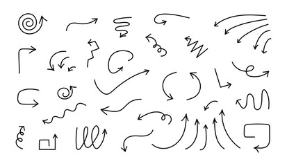 Hand drawn arrows icons set with editable stoke. Handwritten freehand different curved lines, swirls directions. Doodle drawing pointers on white background
