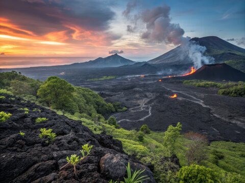 Majestic volcanic landscape on Ambrym Island, Vanuatu showcasing dark textured terrain and beauty