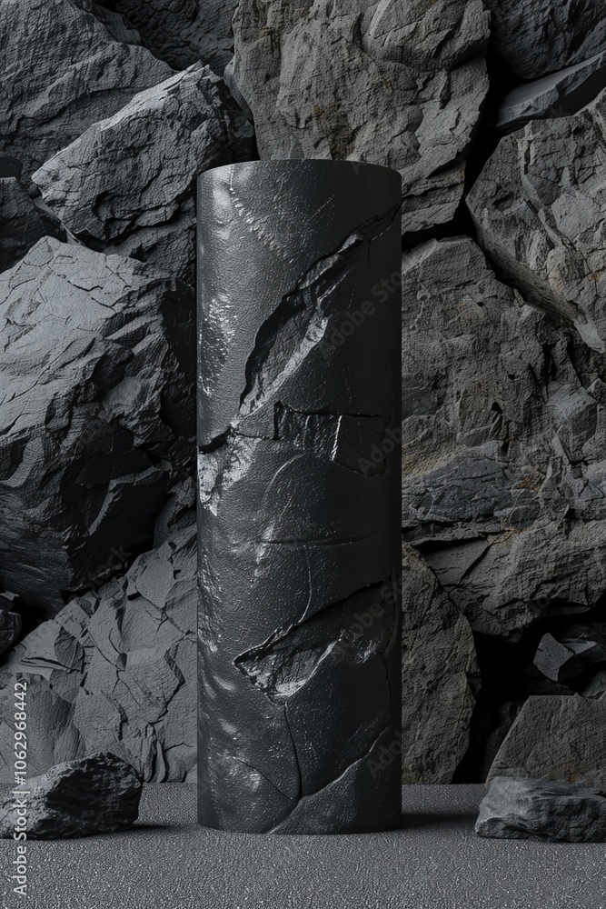 Poster black pillar is surrounded by rocks. the pillar is made of stone and has a rough texture. the rocks 