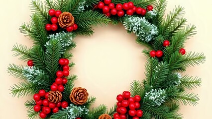 Winter Holiday Wreath on Beige Background