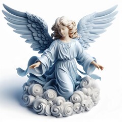  Angel in blue on a cloud. Isolated on a white background. 3D rendering.