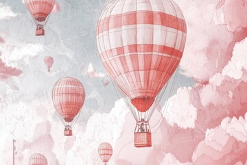 Dreamy minimalistic hot air balloon journey in pastel skies