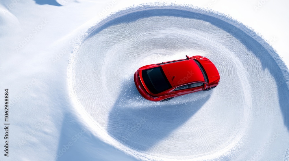 Poster red car is driving in a snow bank. the car is in a circle and he is going around a curve. the snow i