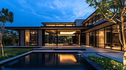 Fototapeta premium modern luxury villa with infinity pool at dusk
