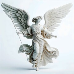 3D rendering of a white angel figurine with wings.