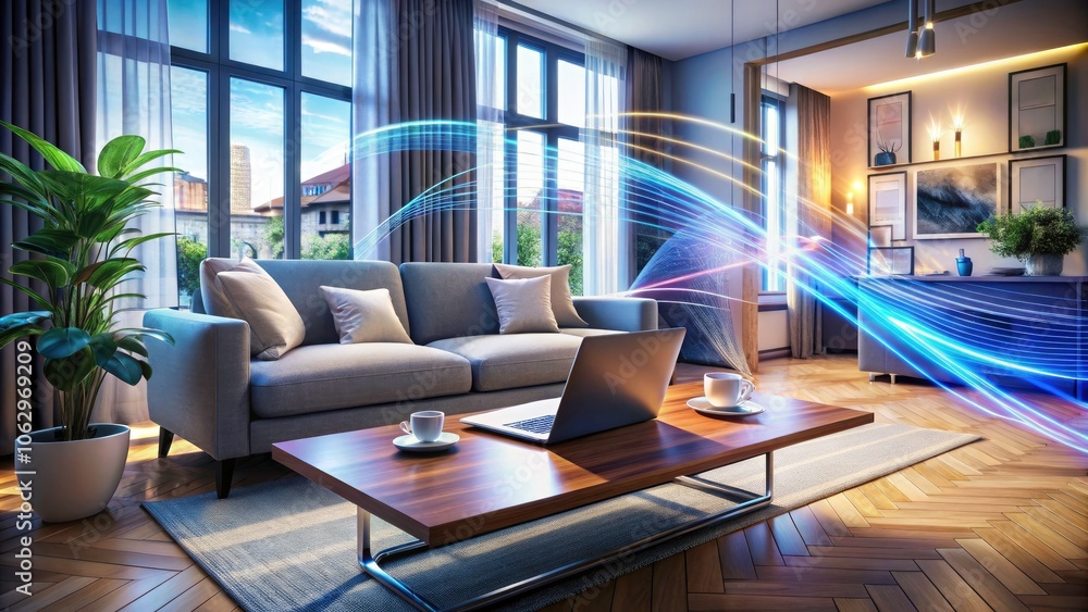 Poster modern living room with laptop displaying data visualization graphics, long exposure effect for a dy