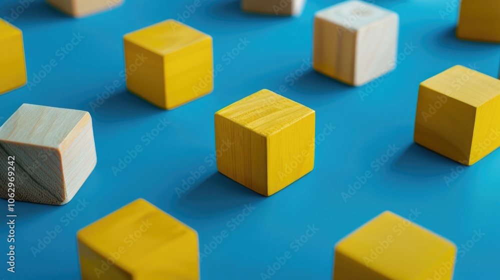 Poster row of yellow wooden blocks on a blue background. the blocks are arranged in a way that they are not