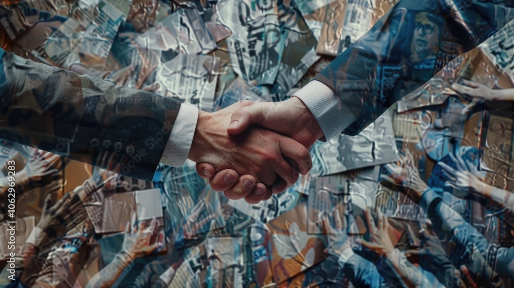 Poster two men shaking hands in front of a crowd of people. the crowd is made up of various images and the 