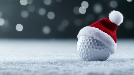 Golf ball with a red hat on it is sitting on a snowy field. The image has a festive and playful mood, as the hat is a symbol of Christmas