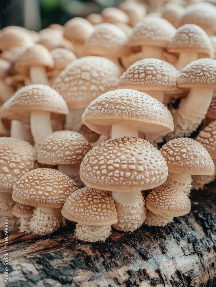 Poster bunch of mushrooms are on a log. the mushrooms are all different sizes and shapes. the image has a n